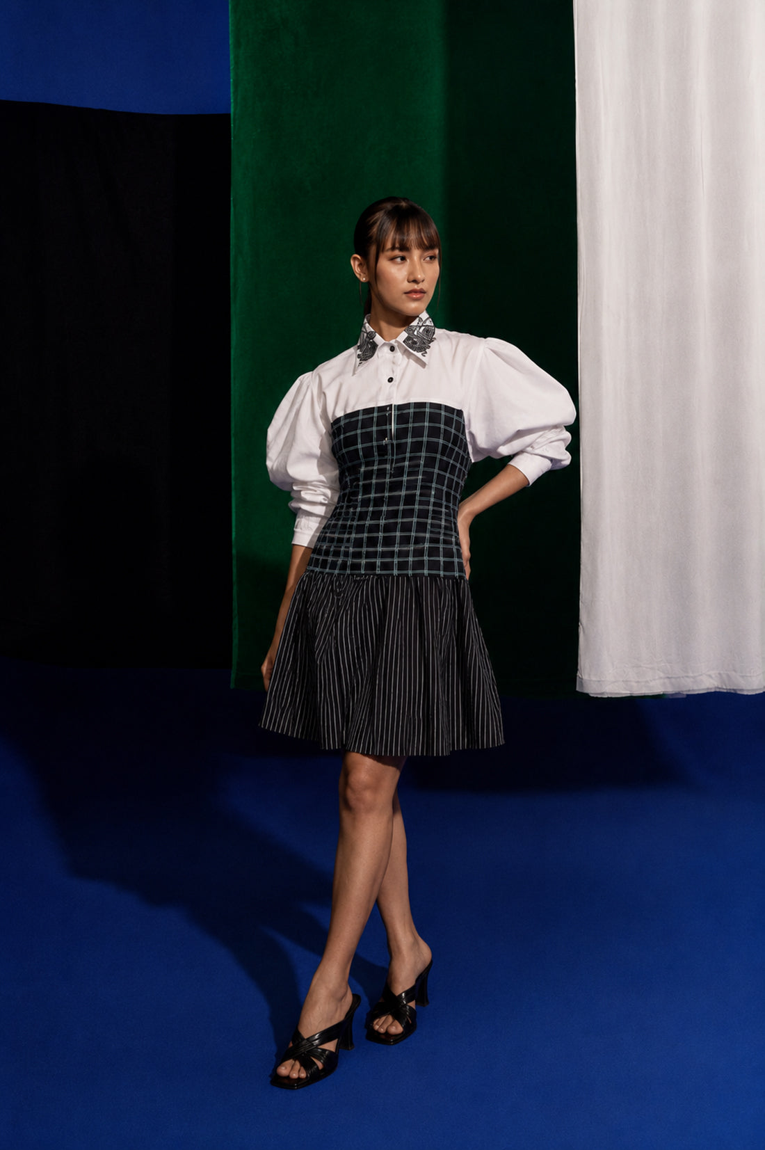White Volume Stripe Check Dress