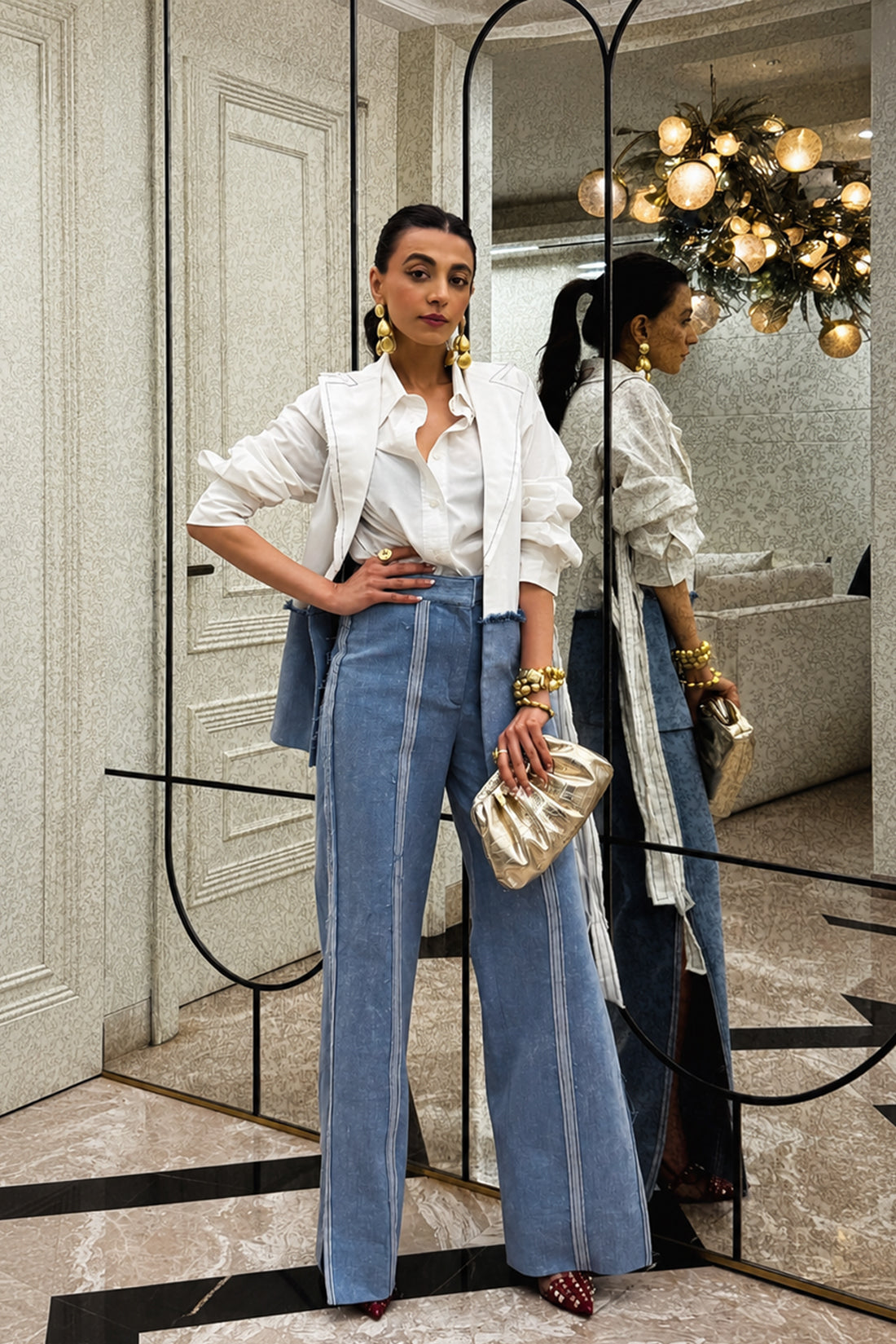 White Denim Tie-Up Cape Set
