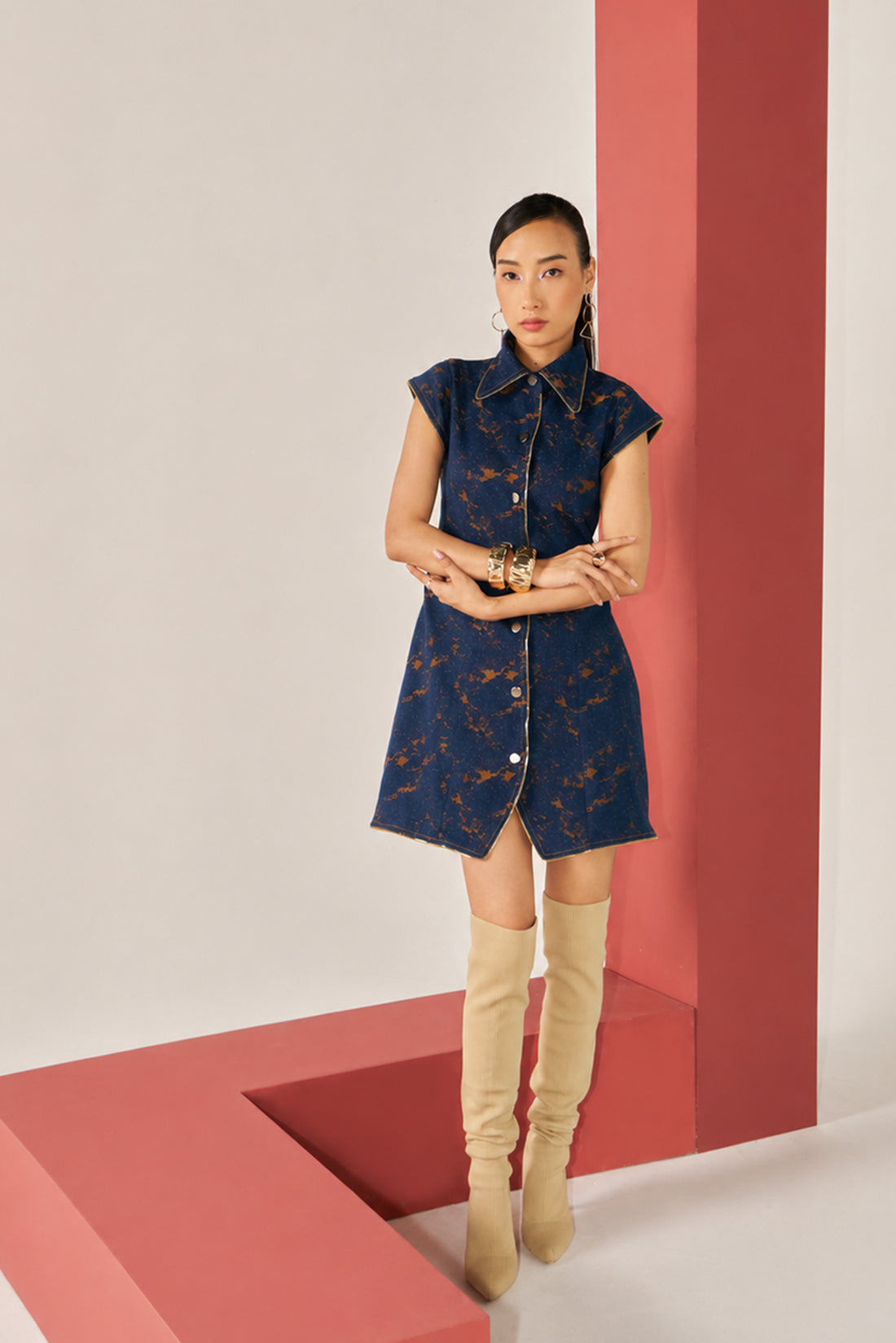 Dark Blue Denim Jacquard Shift Dress