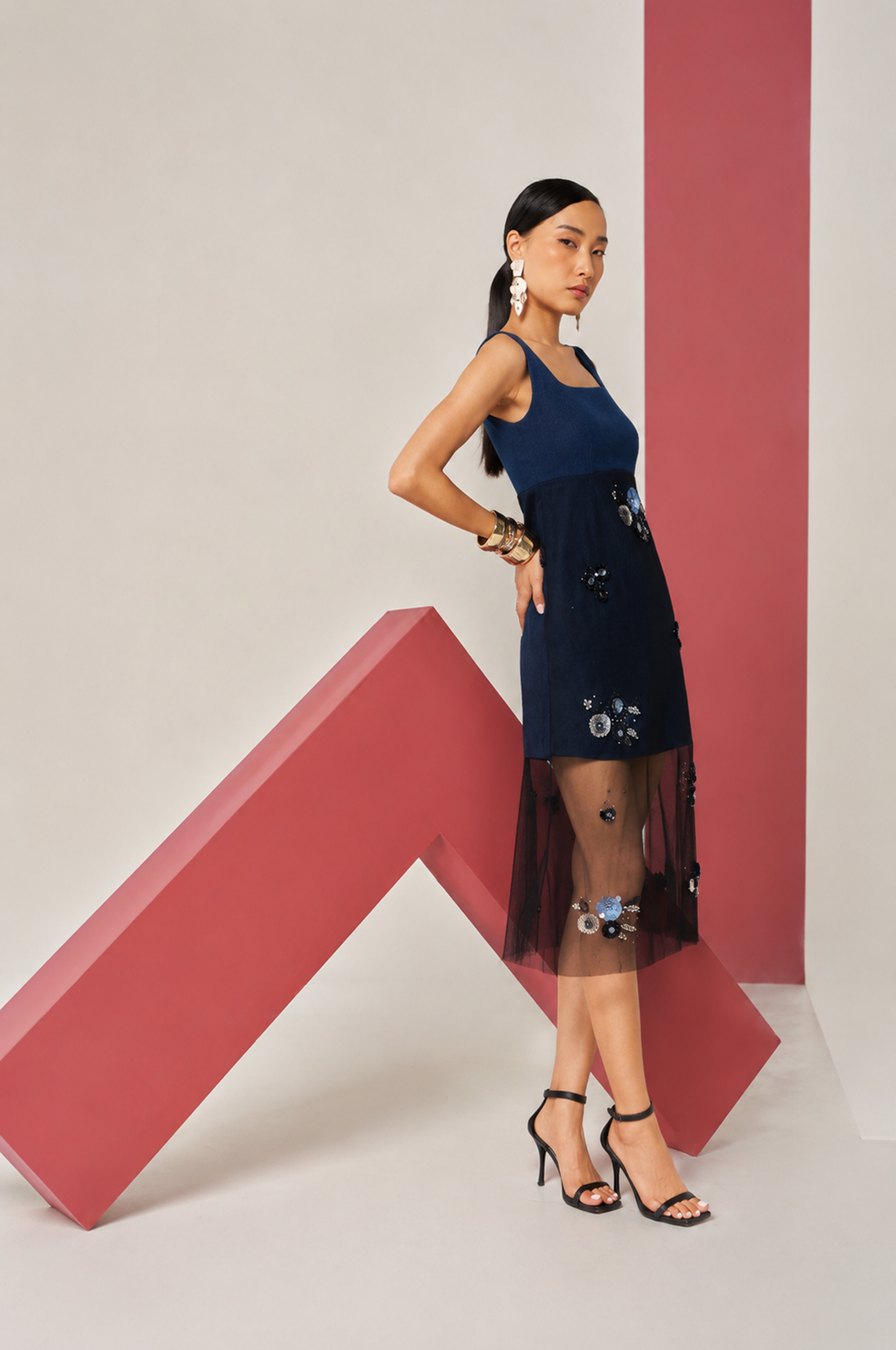 Embroidered Denim Net Dress
