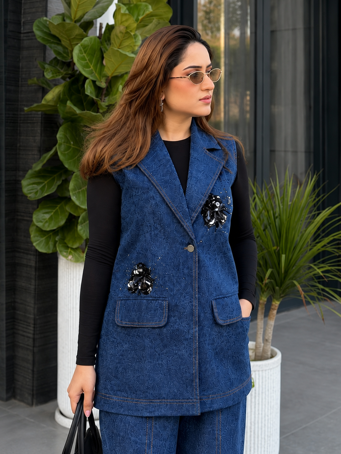Floral Embellished Denim Overlay Set