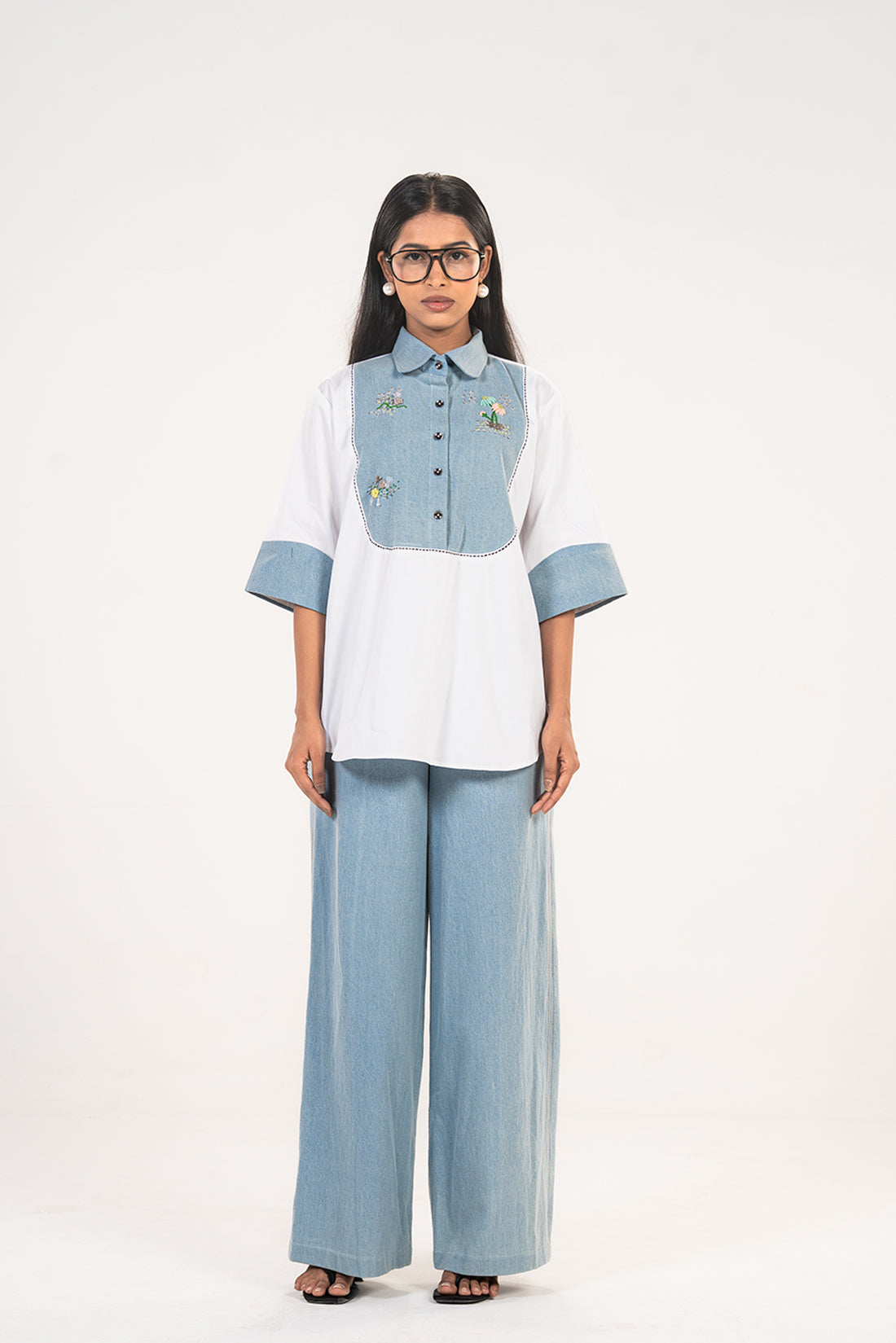 White Denim Yoke Embroidered Shirt