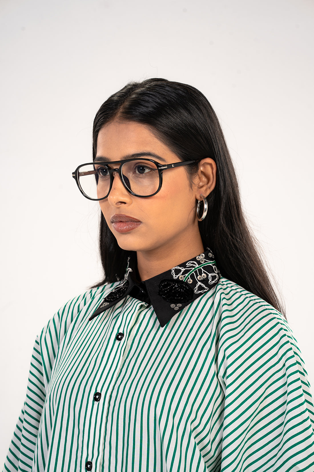 Green Stripe Embellished Collar Shirt