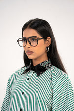 Green Stripe Embellished Collar Shirt