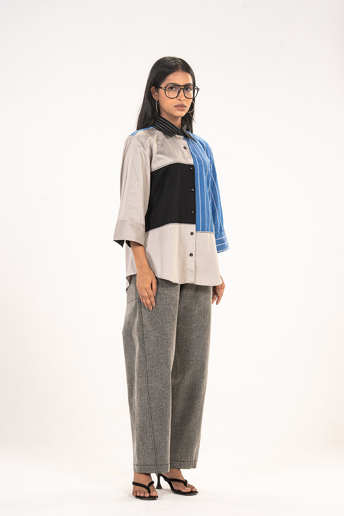 Grey Blue Stripe Colour Block Shirt