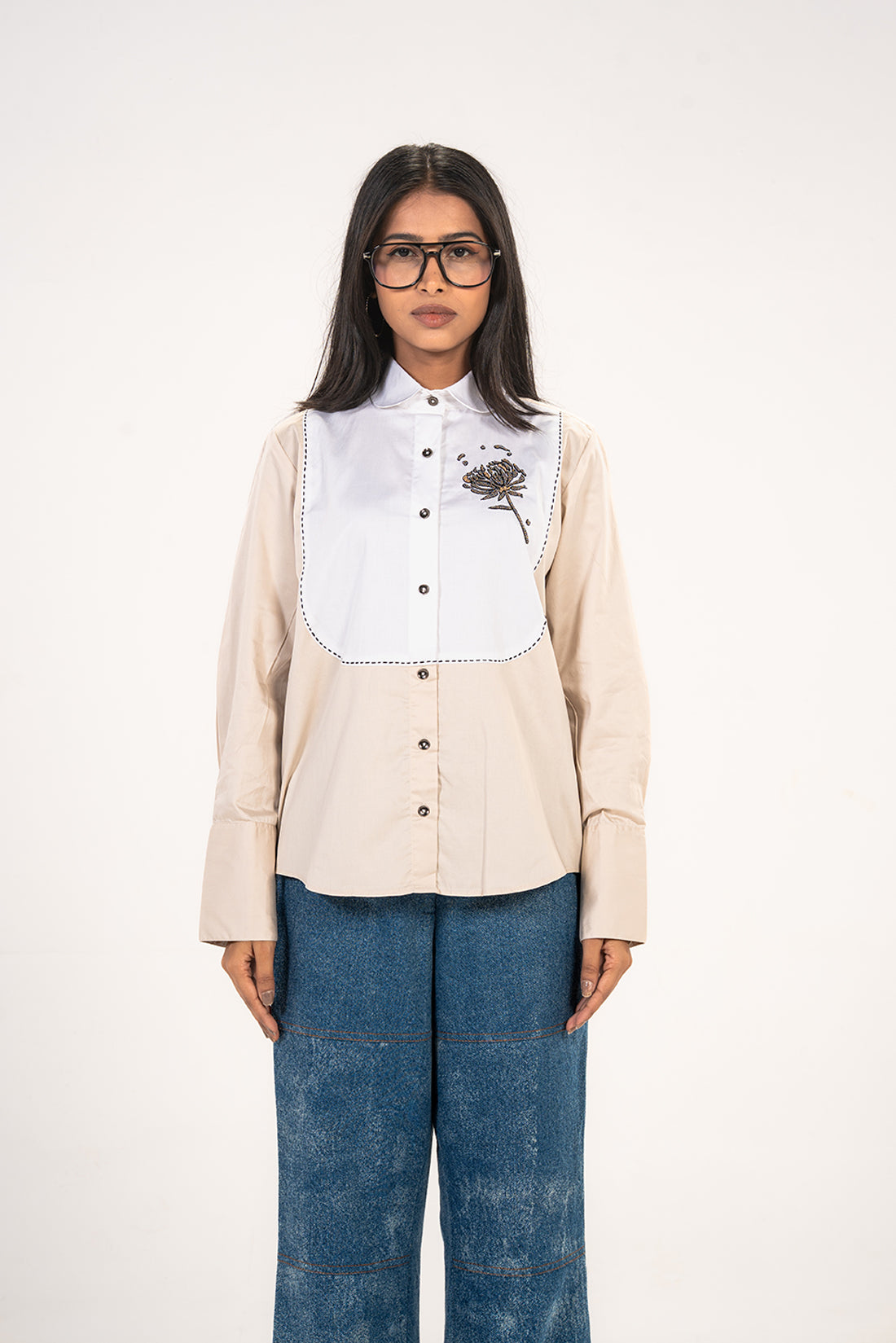 White Chrysanthemum Embroidered Shirt