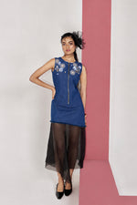Embroidered Denim Zip Organza Dress