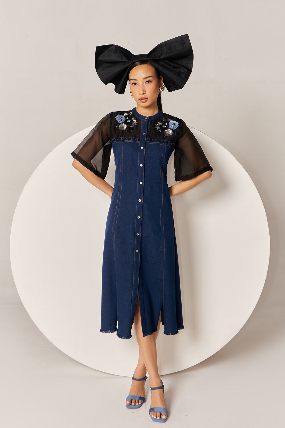 Midnight Black Embroidered Organza Denim Dress