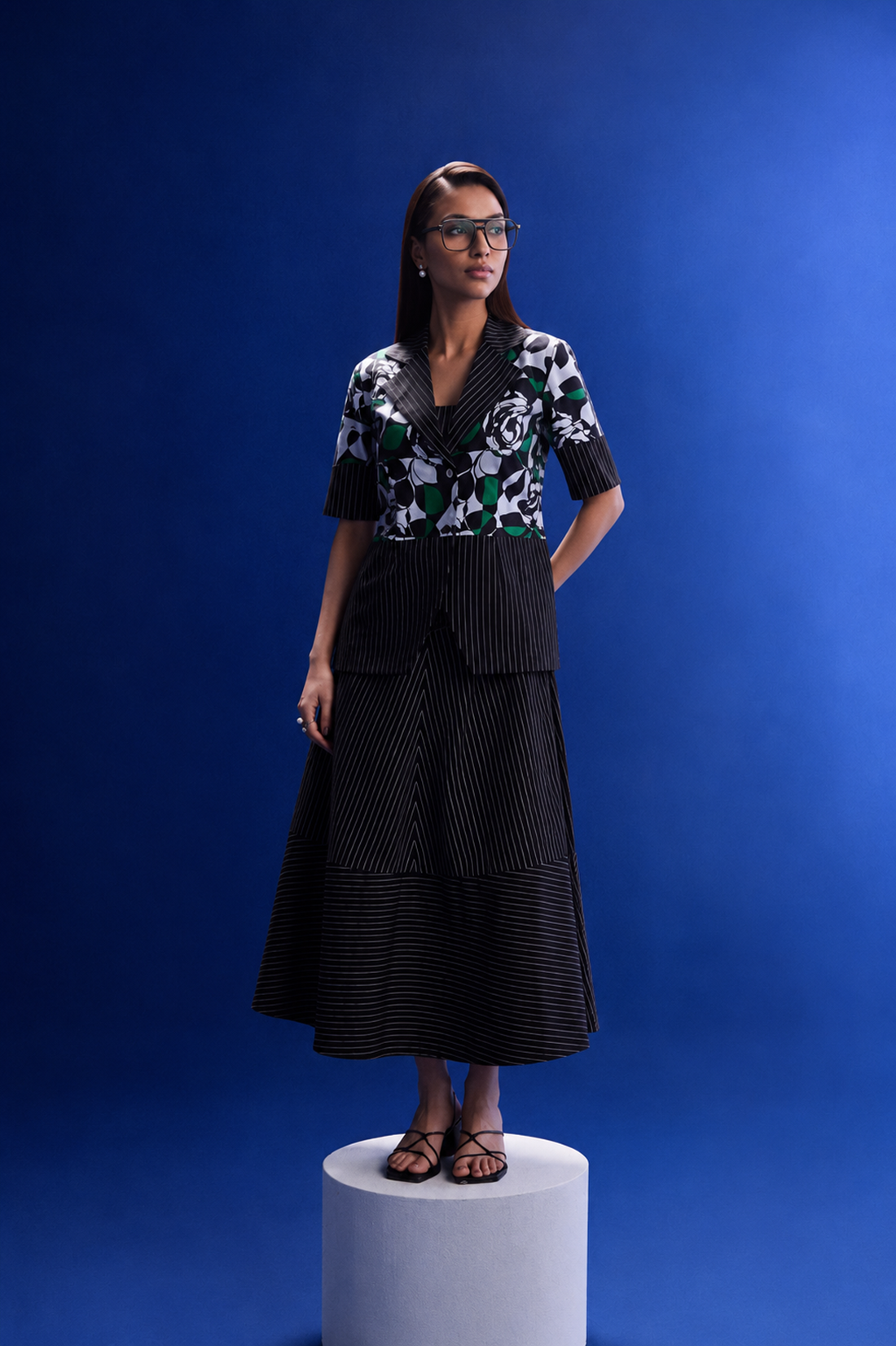 White Green Rose Jacket Stripe Skirt Set