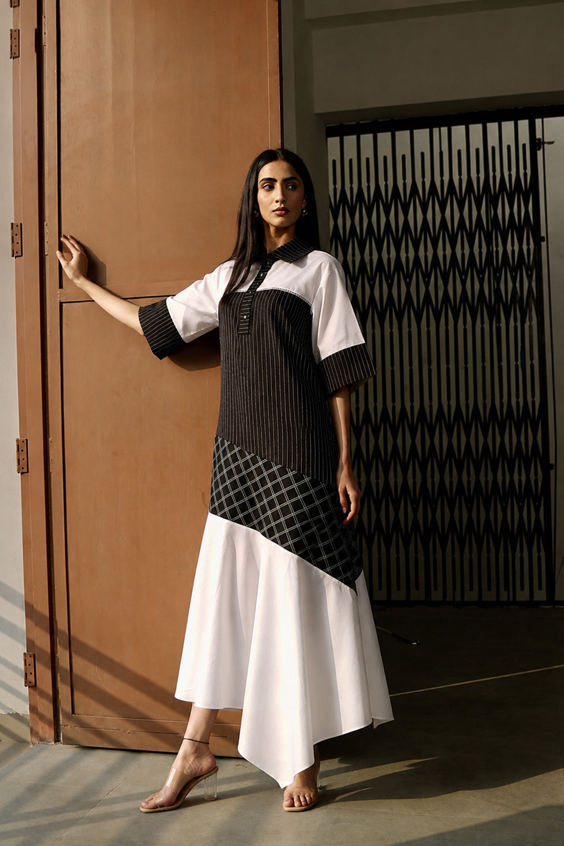 Ivory Check Asymmetric Dress
