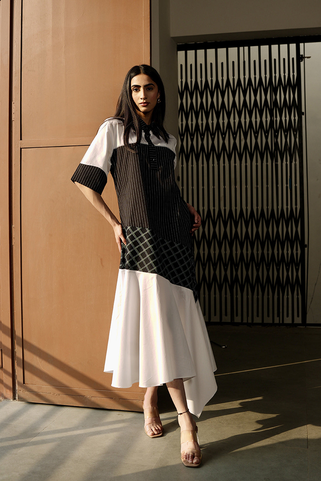 Ivory Check Asymmetric Dress
