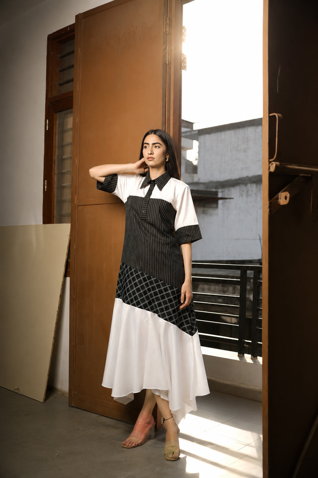 White Stripe Check Asymmetric Dress