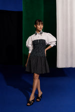 White Volume Stripe Check Dress