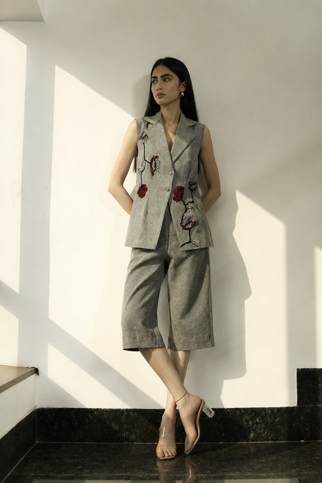 Crimson Bloom Denim Set
