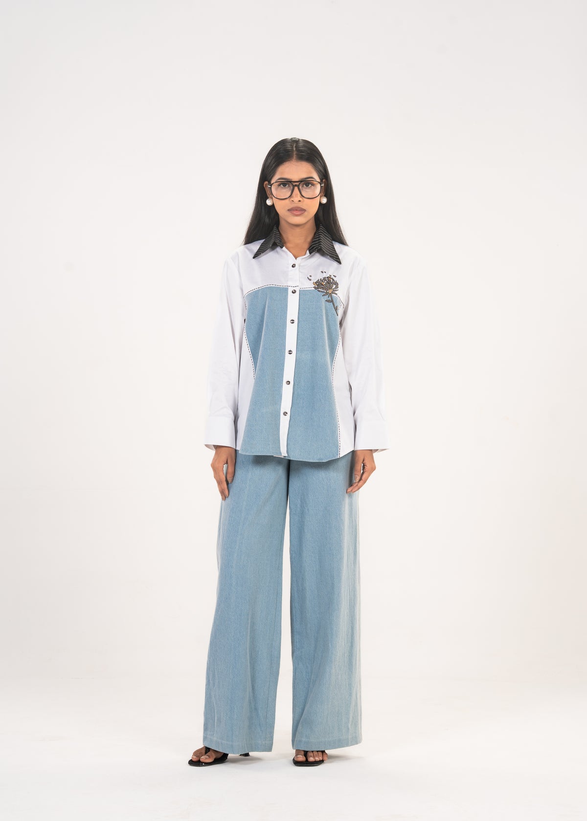 White Denim Panel Shirt