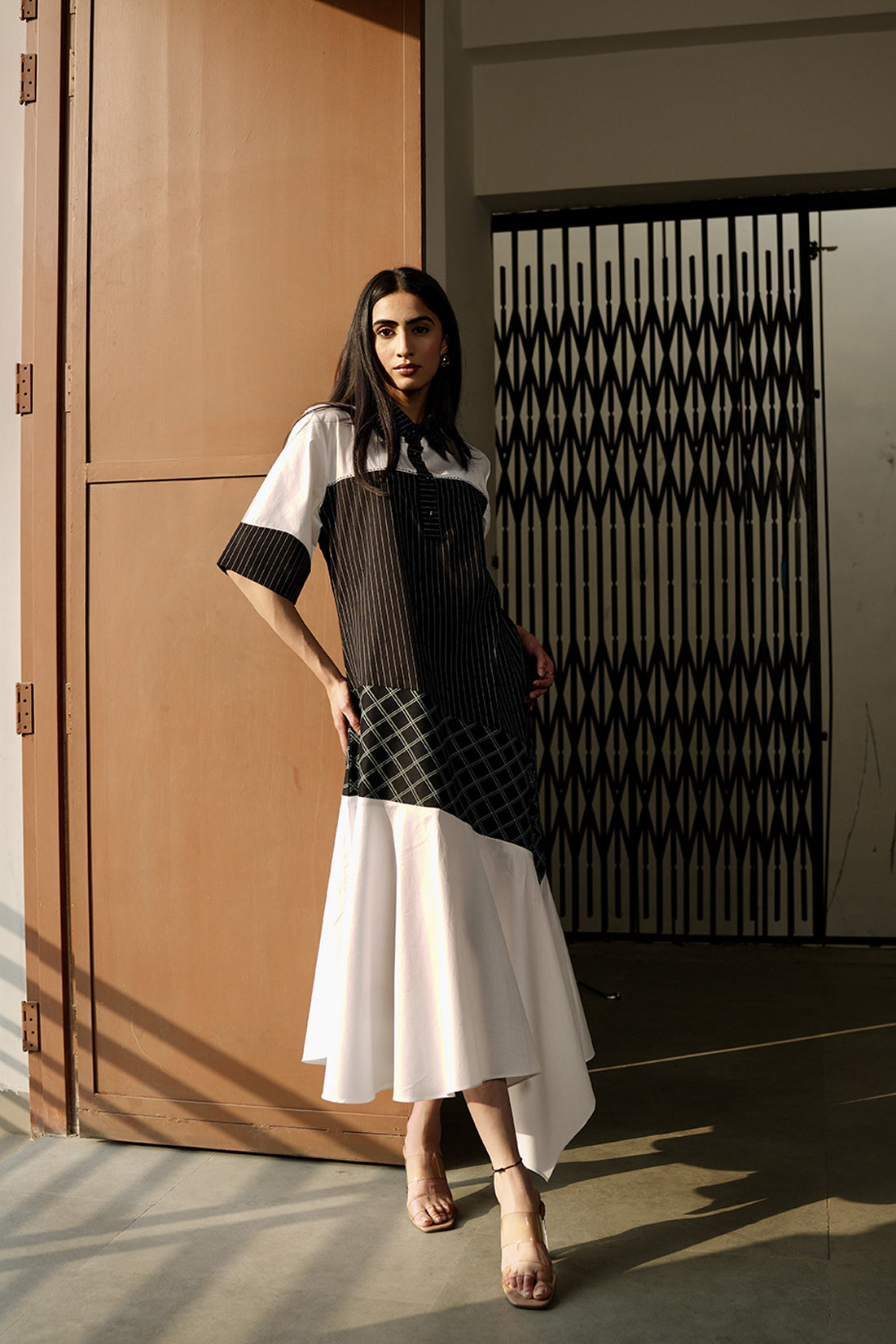 White Stripe Check Asymmetric Dress