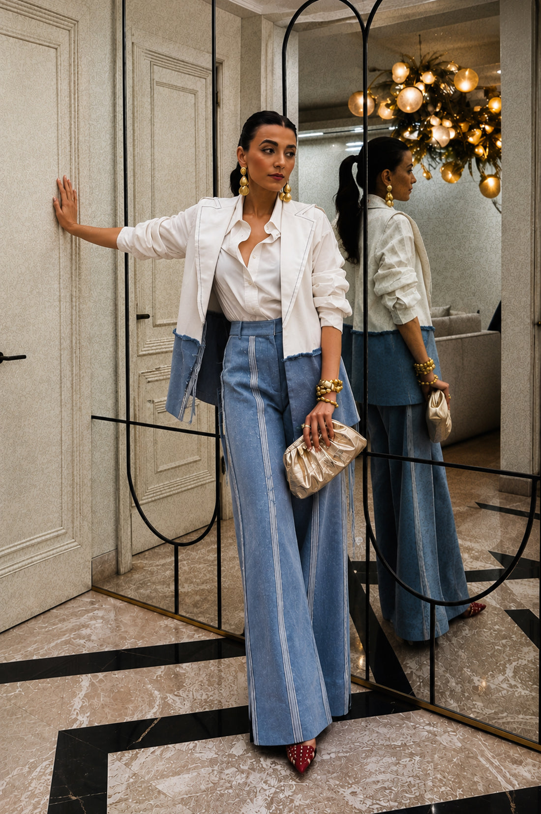 White Denim Tie-Up Cape Set