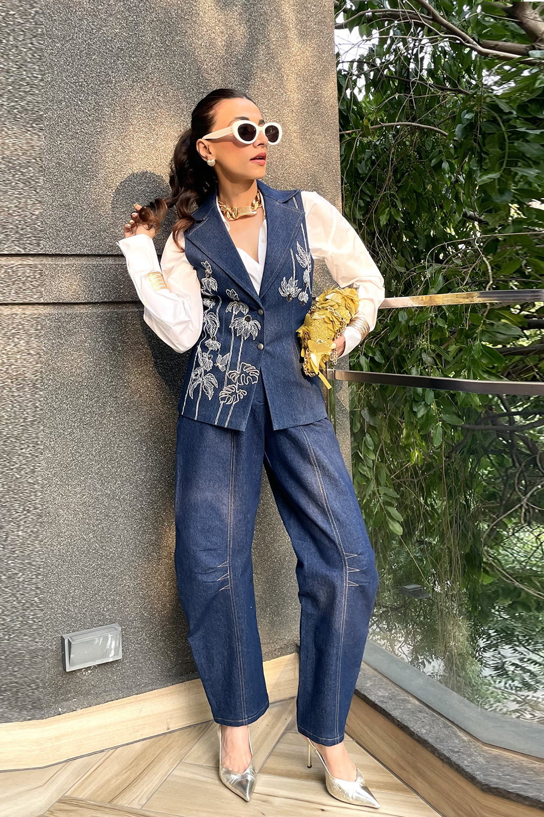 Floral Denim Waistcoat Barrel Set