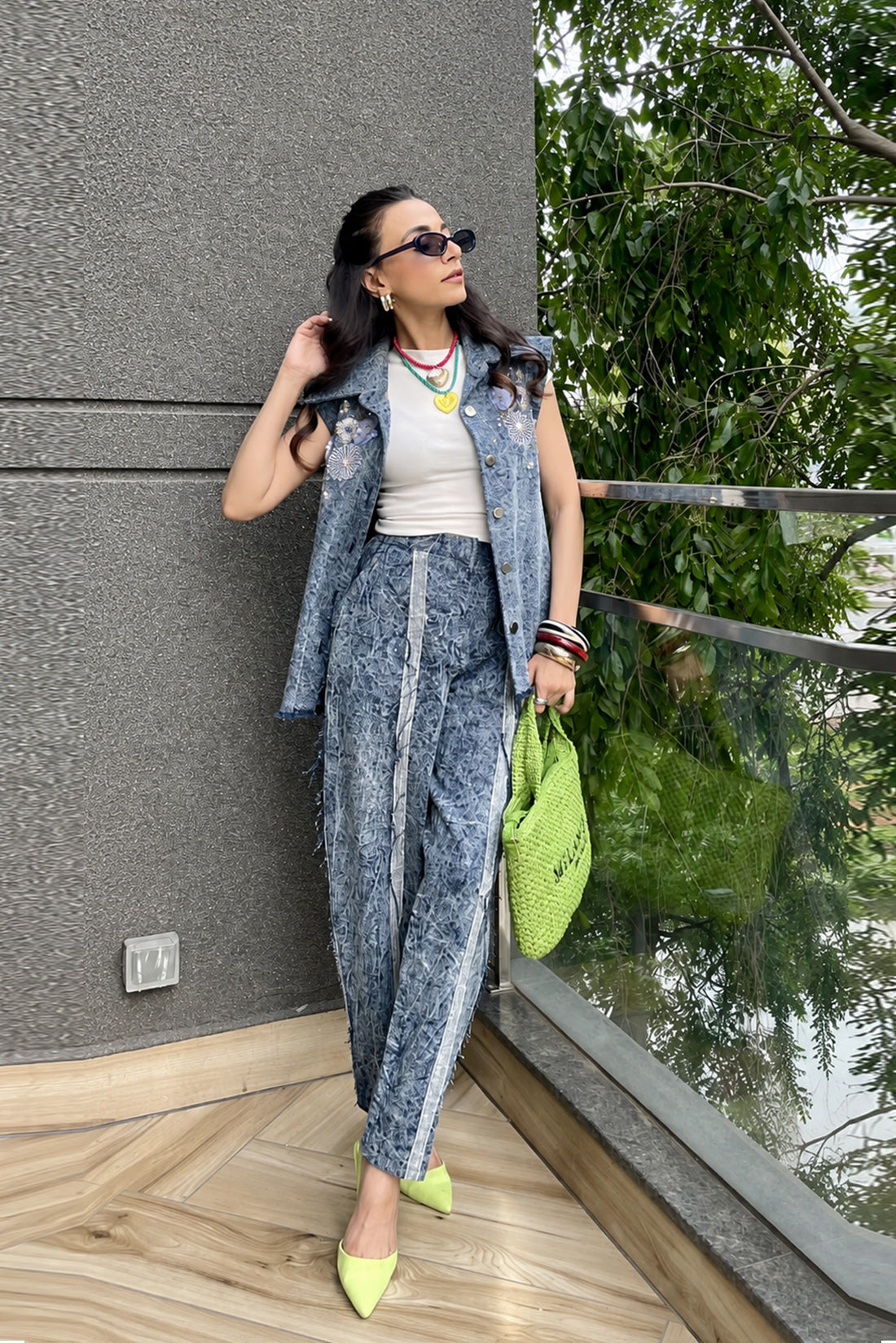Washed Denim Embellished Zip Co-ord Set