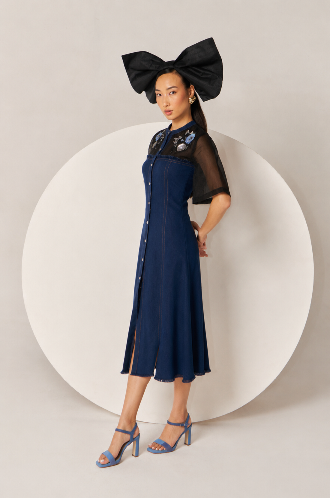 Midnight Black Embroidered Organza Denim Dress