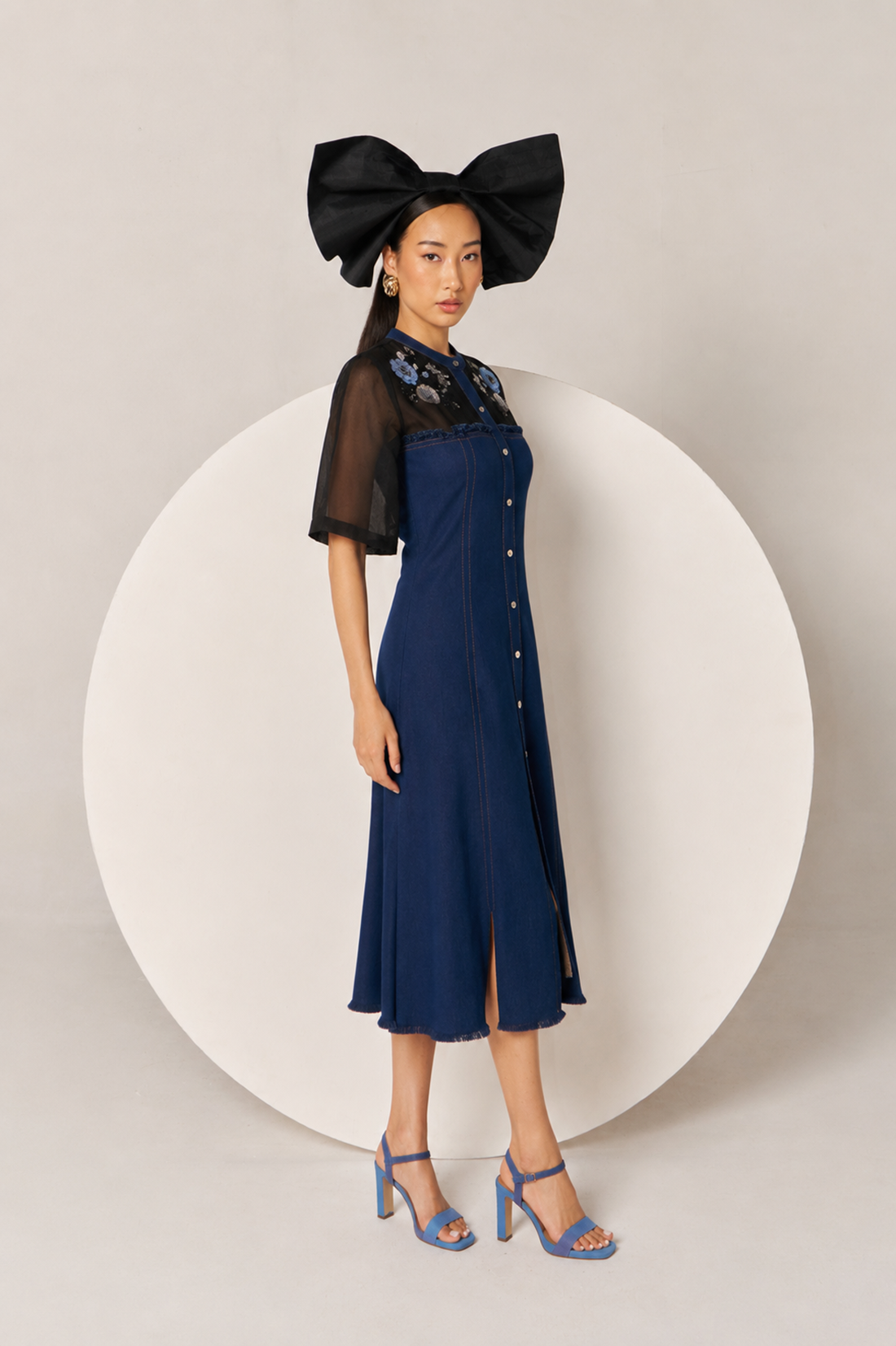 Midnight Black Embroidered Organza Denim Dress