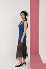 Embroidered Denim Zip Organza Dress