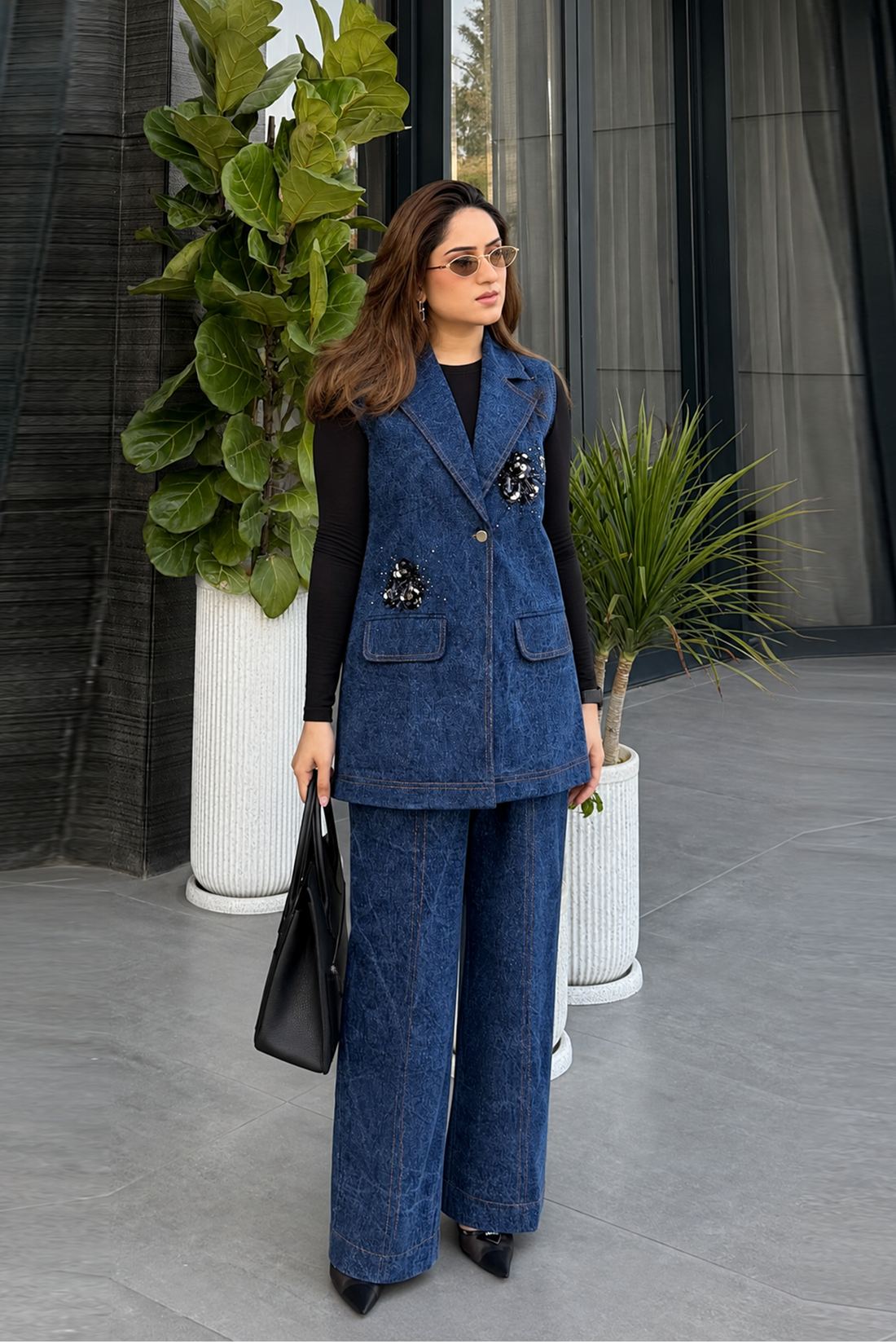 Floral Embellished Denim Overlay Set