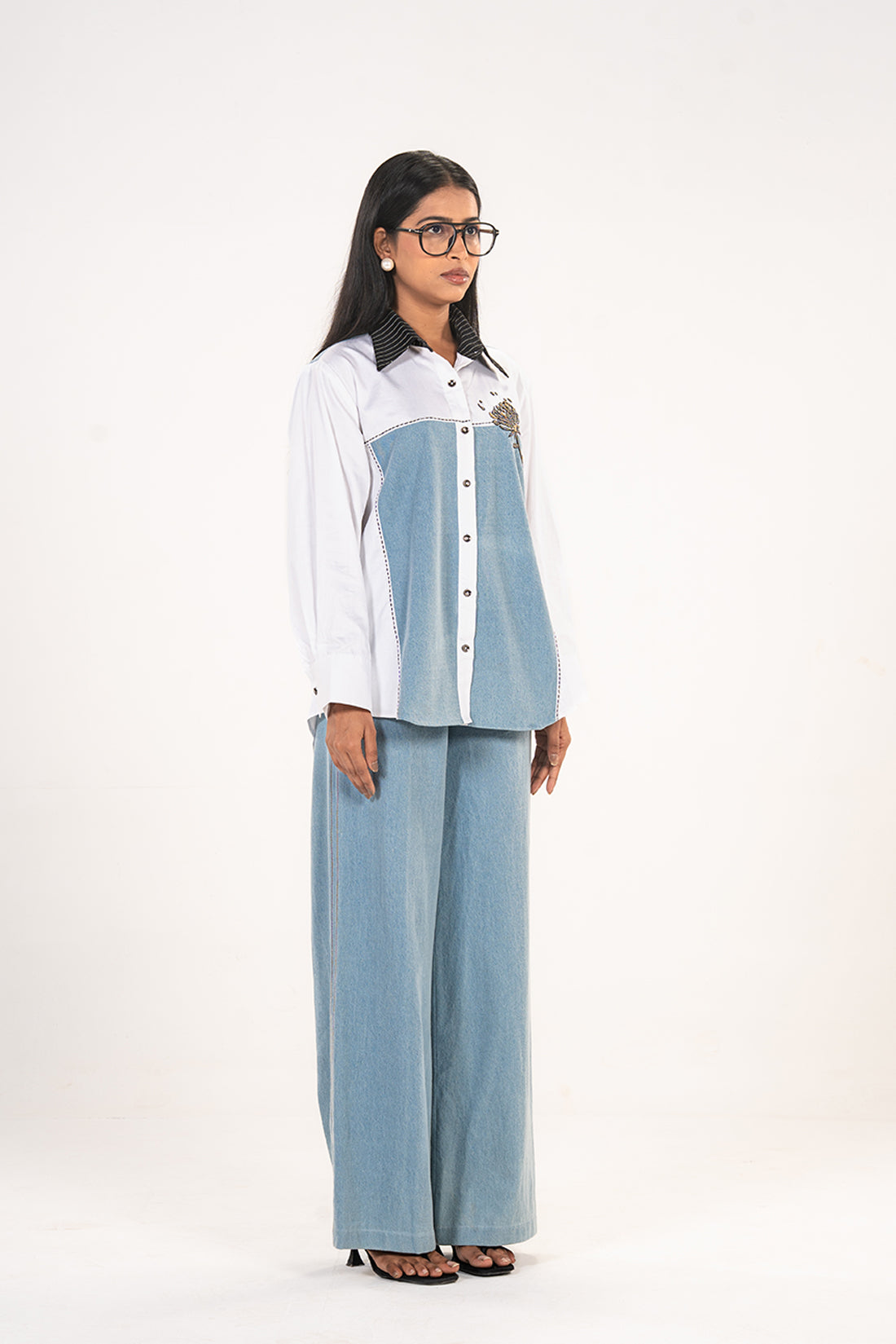 White Denim Panel Shirt