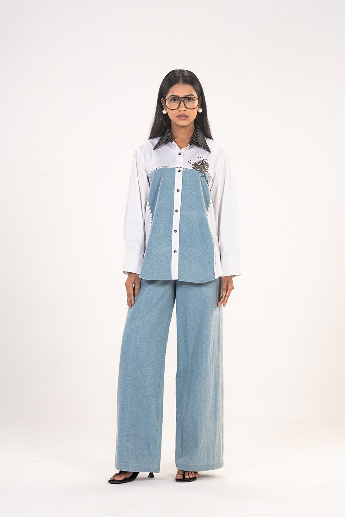 White Denim Panel Shirt