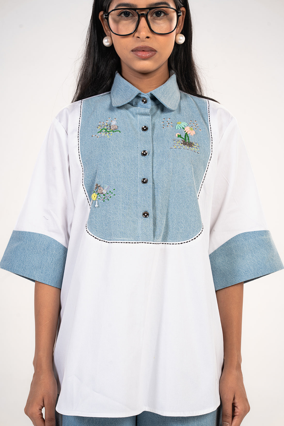 White Denim Yoke Embroidered Shirt
