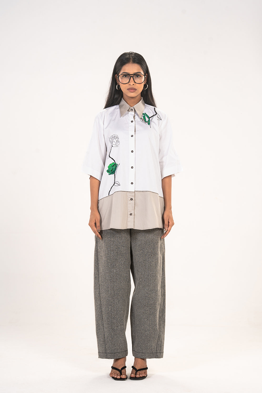 White Grey Hemline Rose Shirt