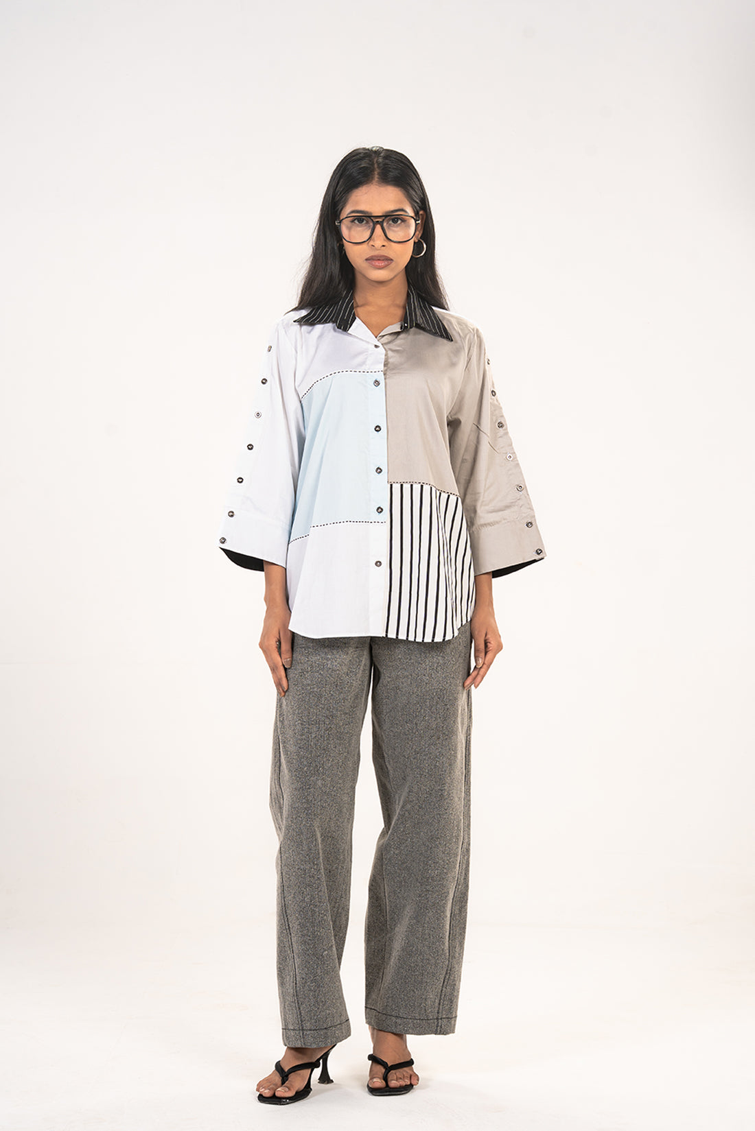 White & Grey Colour Block Shirt