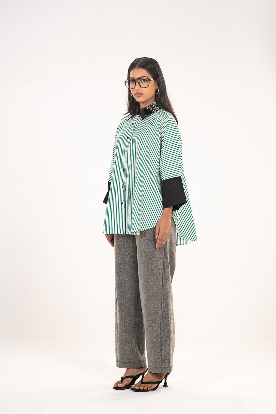 Green Stripe Embellished Collar Shirt