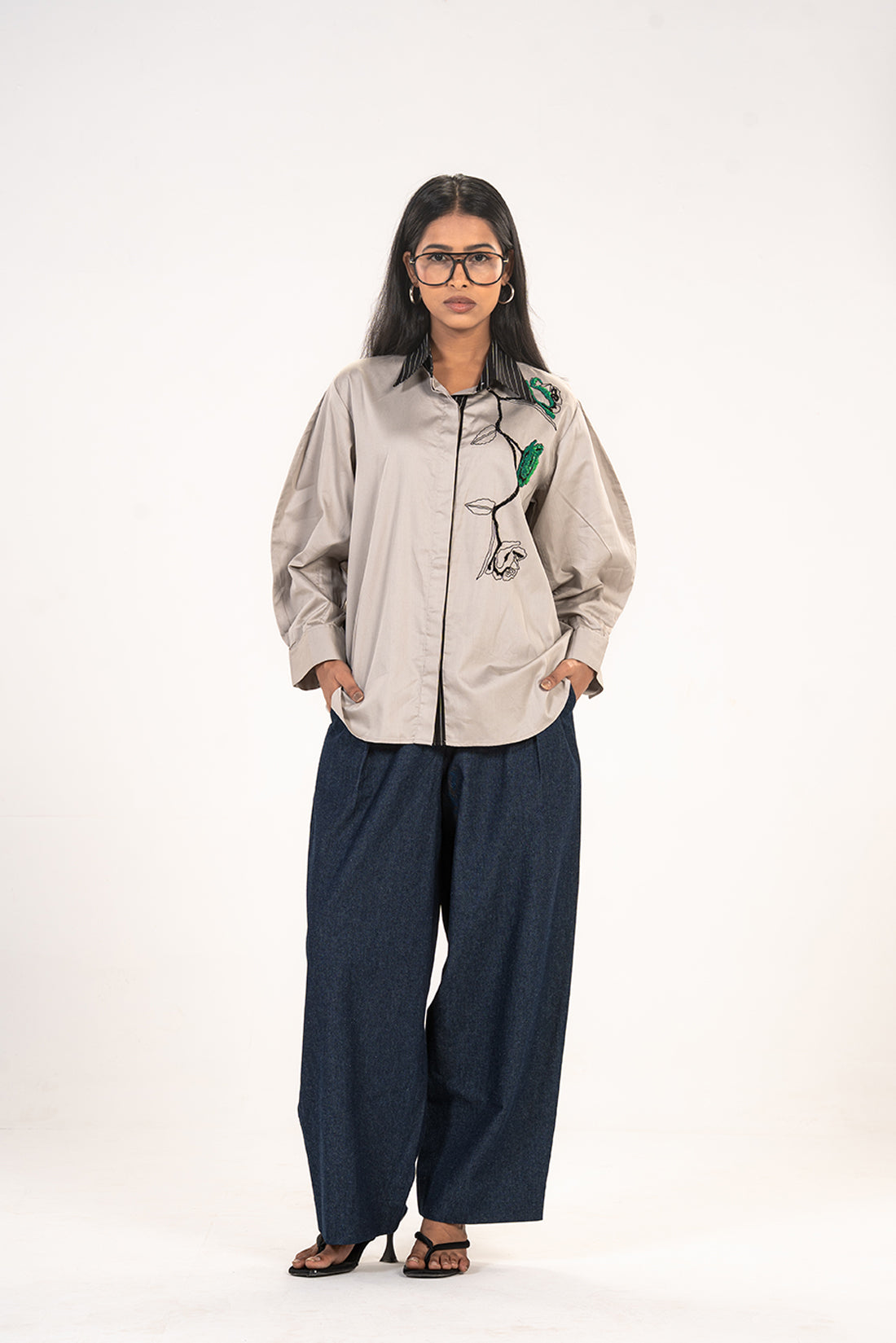 Grey Rose Embroidered Comfort Shirt