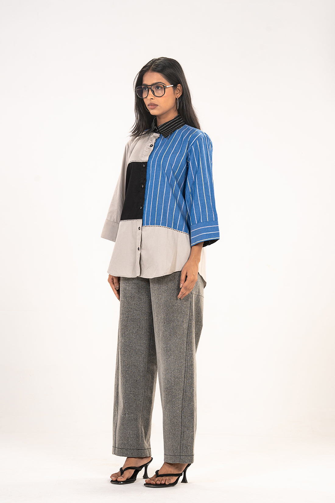 Grey Blue Stripe Colour Block Shirt