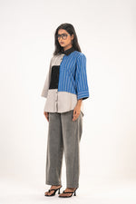 Grey Blue Stripe Colour Block Shirt