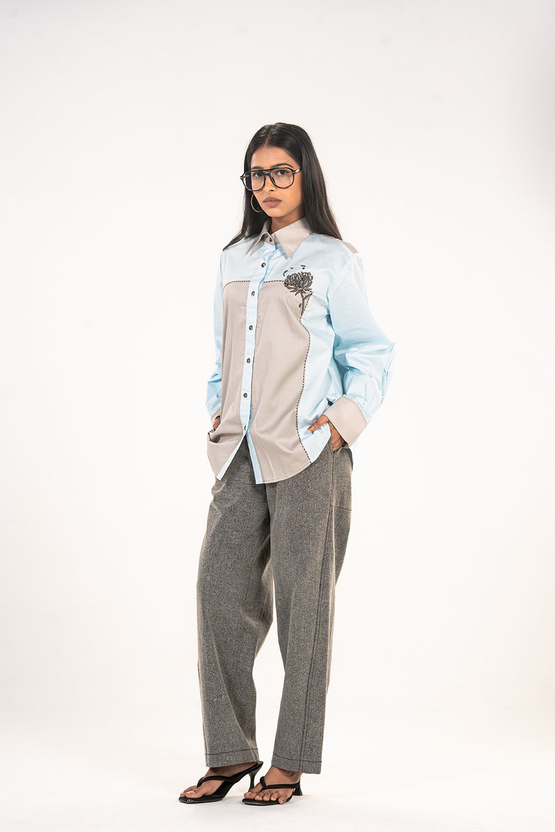 Sky Blue Chrysanthemum Panel Shirt