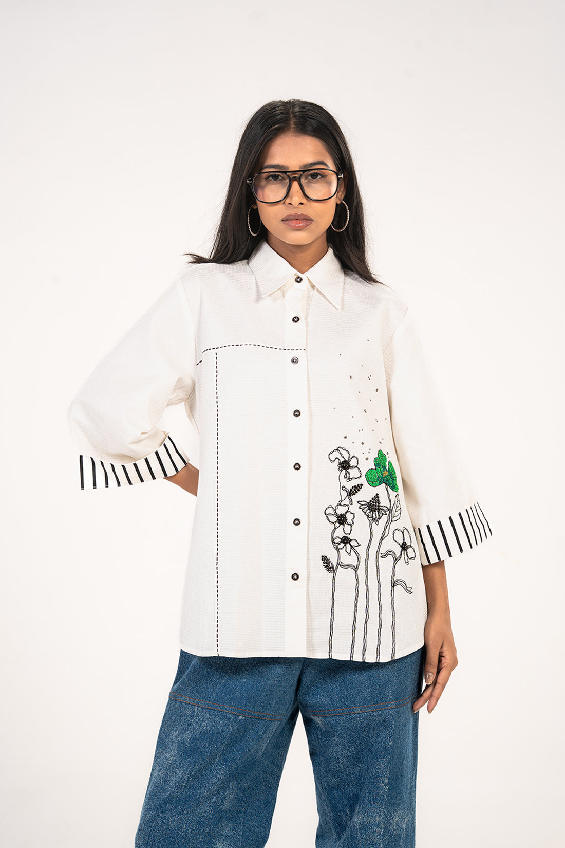 White Green Floral Panel Shirt