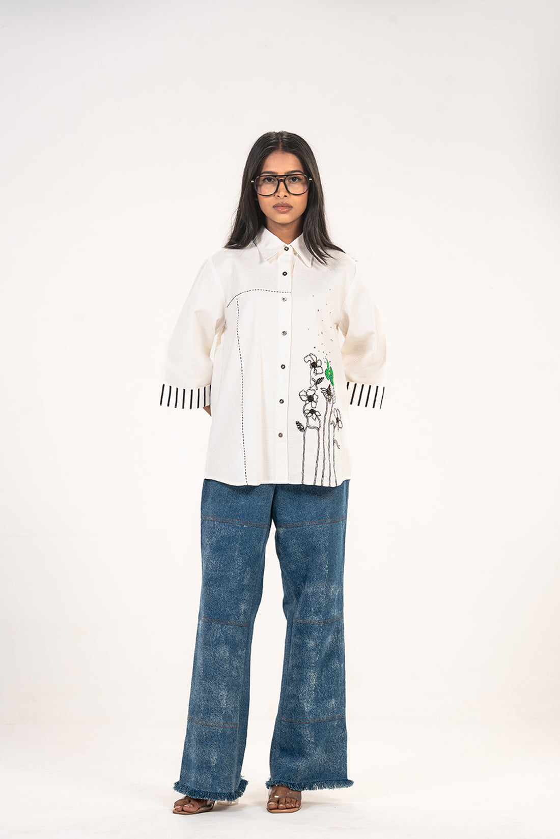 White Green Floral Panel Shirt