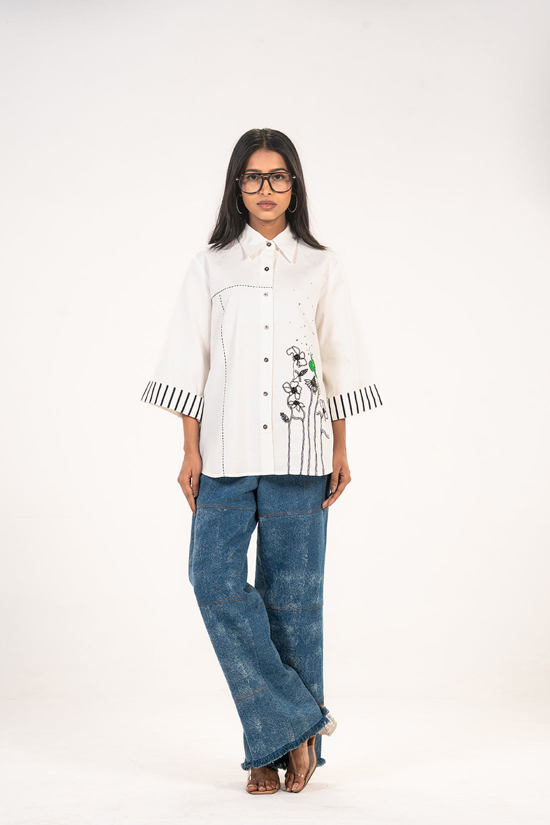 White Green Floral Panel Shirt