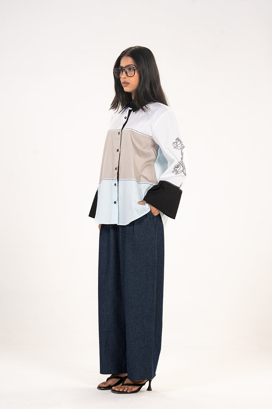 Grey Blue Rose Colour Block Shirt
