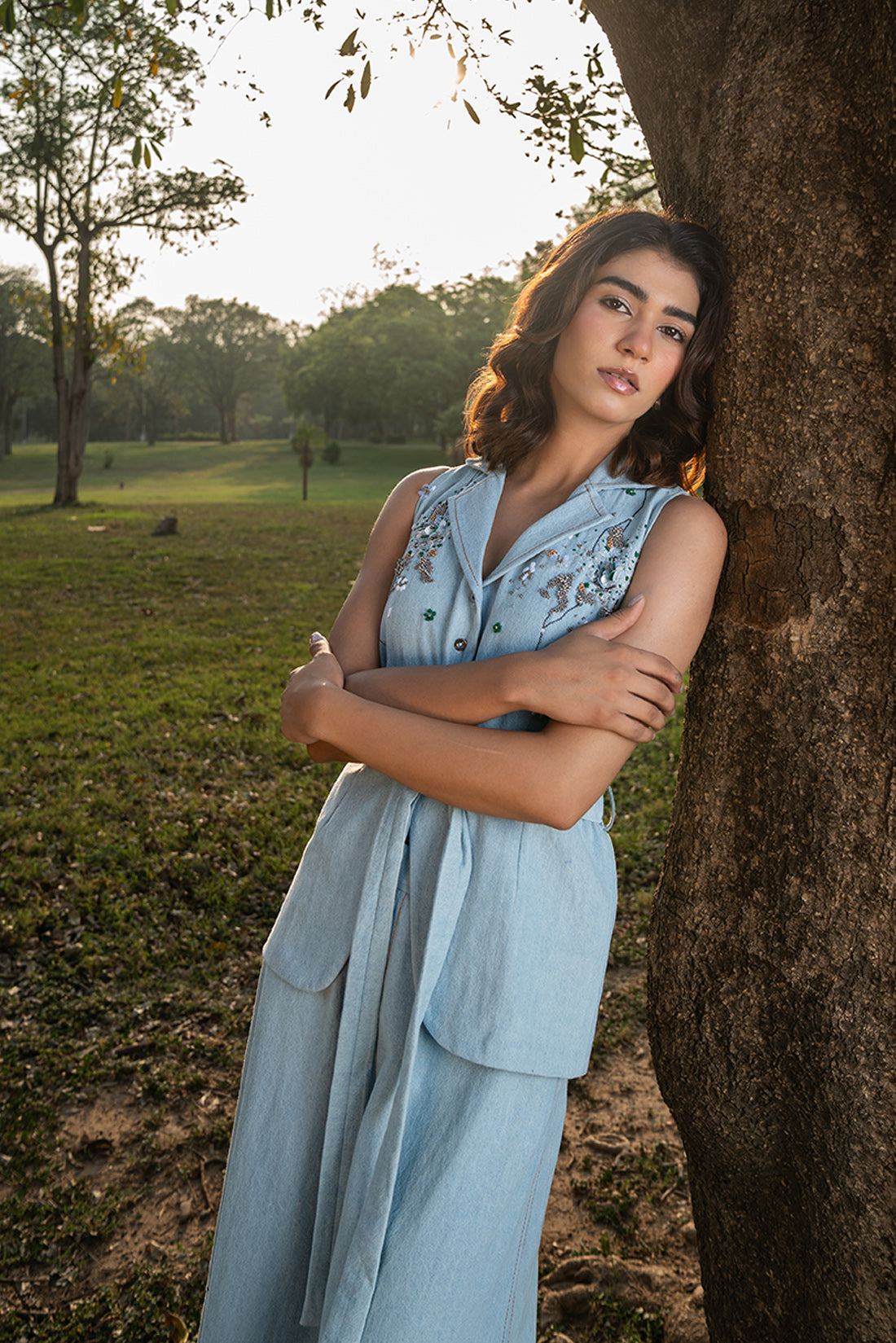 Sky Denim Abstract Skirt Set