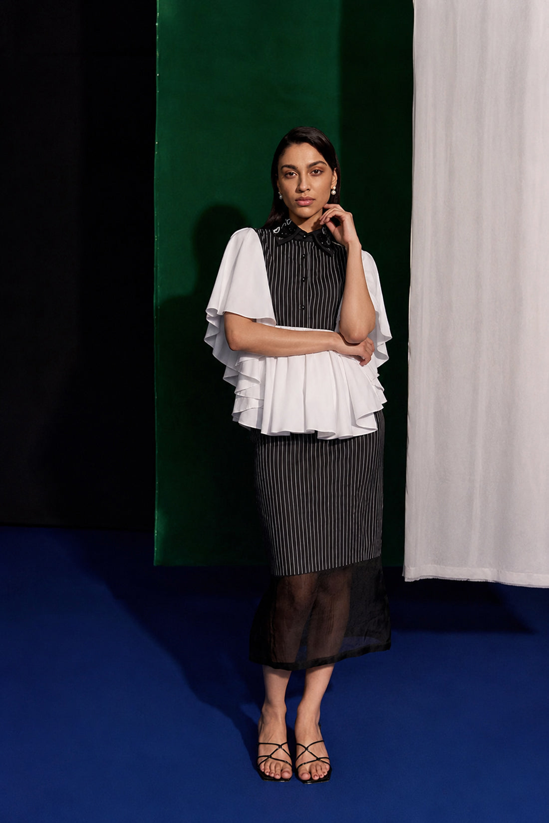 White Ruffle Top Skirt Set