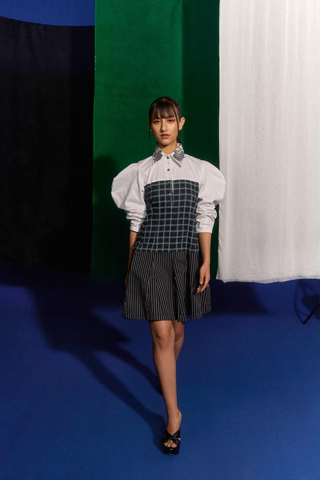 White Volume Strip Check Dress